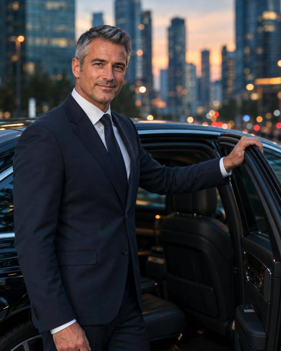 Chauffeur im dunklen Anzug an der geöffneten Fondtür