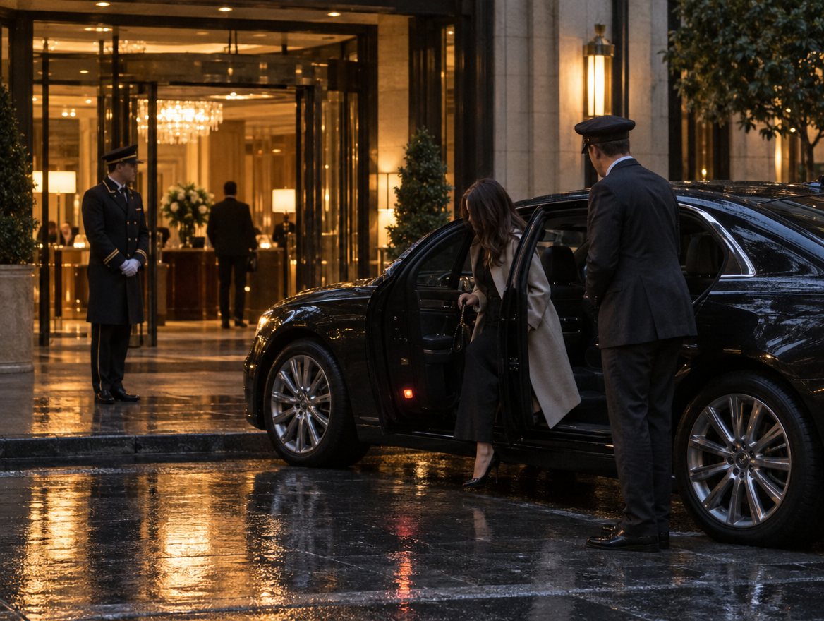 Chauffeur verstaut einen Koffer vor einem Hoteleingang