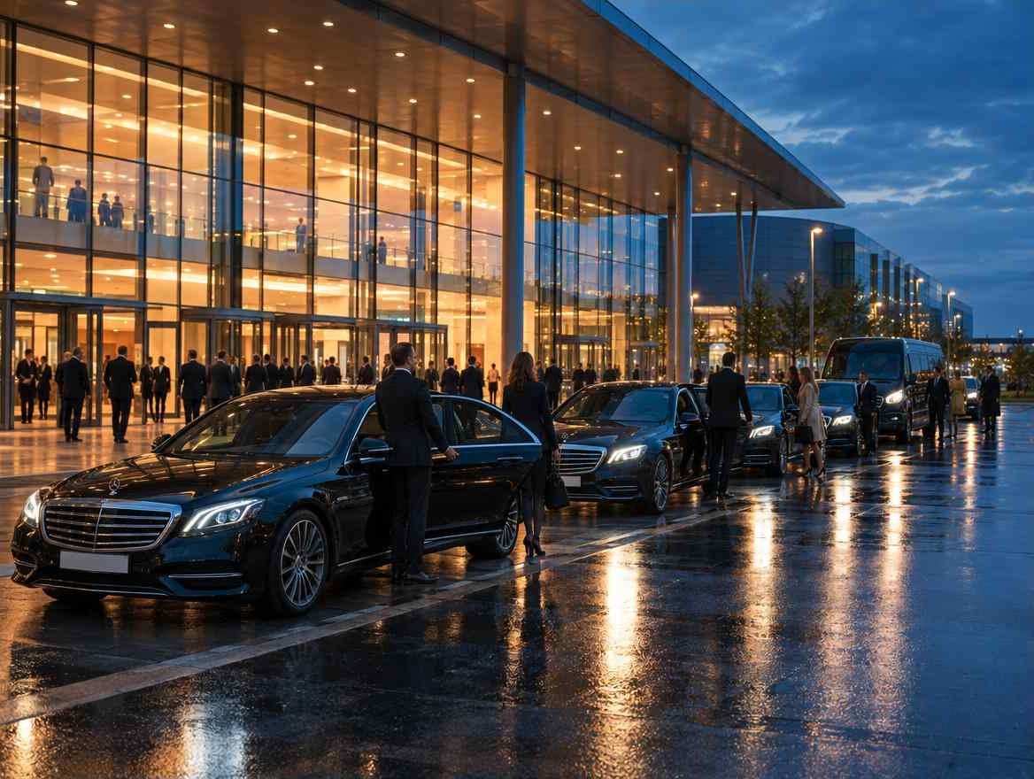 Limousinen fahren am Abend vor einer Messehalle vor